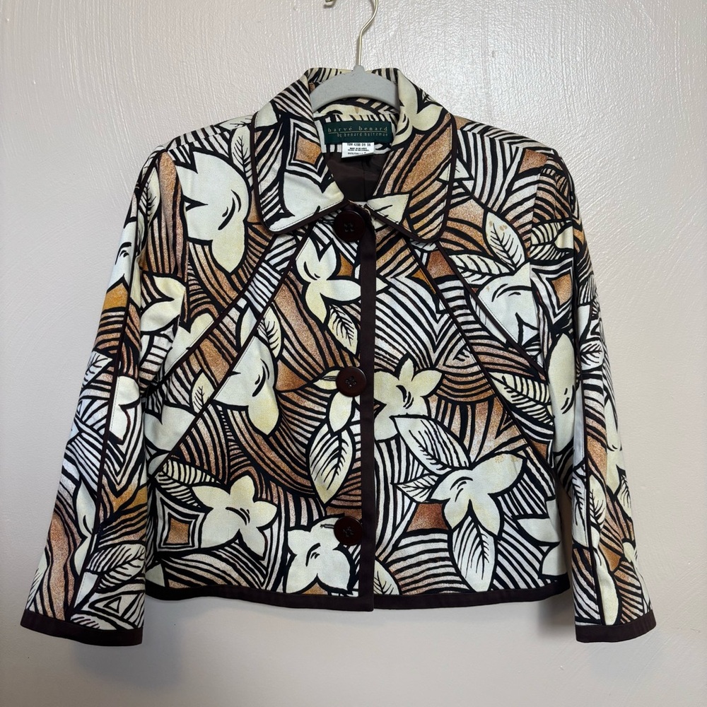 Harve Benard Womens Blazer Jacket Button Closure Lined Floral Brown Cream Size 8
